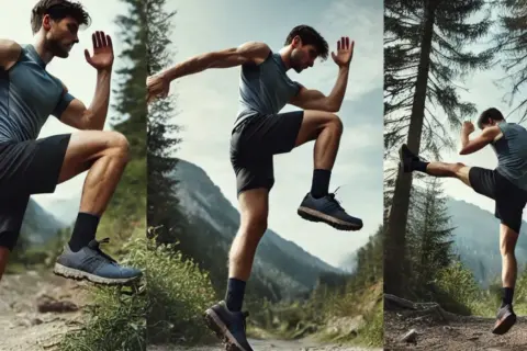 Homme en plein exercice de pliométrie dans un décor montagneux. Il saute et donne des coups de pied, montrant sa puissance.