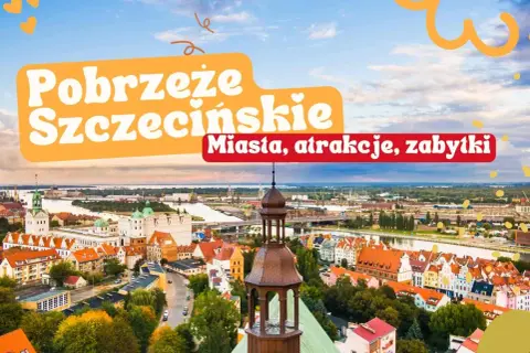 Widok na Szczecin z lotu ptaka, z widocznymi zabytkami, rzeką i portem.