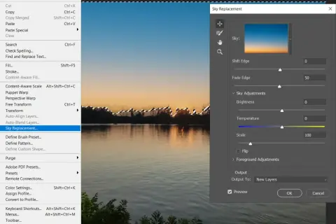 Program do edycji zdjęć z opcją "Sky Replacement" (wymiana nieba). Widok pokazuje menu kontekstowe, gdzie zaznaczono "Sky Replacement...", a po prawej panel z ustawieniami, gdzie można zmienić kolory nieba, tworząc efekt odwrócone kolory.