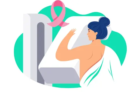 Une femme se soumet à un examen de mammographie, symbolisé par le ruban rose, pour son bilan sénologique.