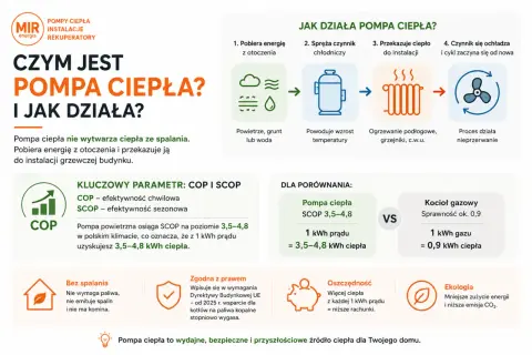 Pompa ciepła pobiera energię z otoczenia, spręża czynnik, przekazuje ciepło do ogrzewania, a następnie cykl się powtarza. Jest to ekologiczne i oszczędne rozwiązanie.