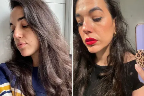 Comparativa de piel: antes sin maquillaje y después con labial rojo vibrante. El retinol antes y después transforma la textura.
