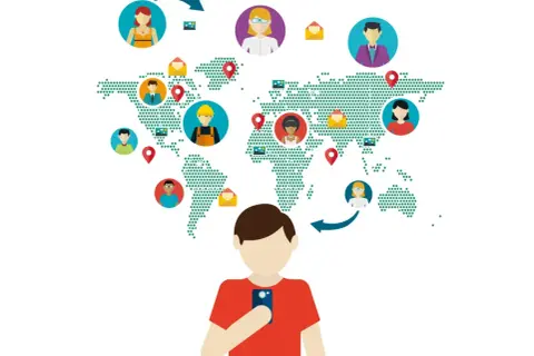 Globalny **network** ludzi połączonych przez smartfon. Ikony osób i kopert na mapie świata symbolizują komunikację.