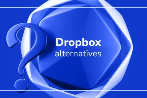 A large blue question mark hovers over a stylized, abstract blue shape. Text reads "Dropbox alternatives.