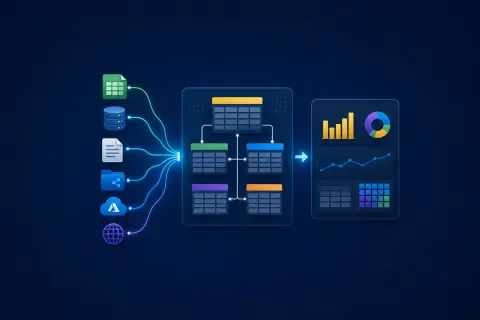 Dane z różnych źródeł (pliki, bazy, chmura) trafiają do systemu, gdzie następuje ich eksploracja, co to jest, a następnie wizualizacja wyników w postaci wykresów.