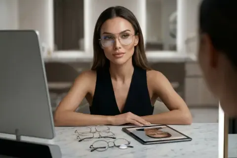 Elegancka kobieta w okularach przymierza kolejne modele, szukając idealnego dopasowania okularów do twarzy. Na stole leżą różne oprawki.