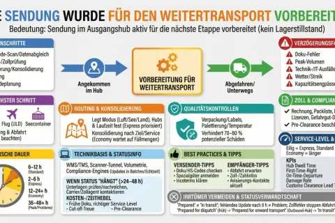 Der Prozess der Sendungsvorbereitung für den Weitertransport, inklusive Kernschritte, Dauer, Zoll & Compliance, und Verzugsfaktoren. Ein wichtiger Aspekt ist der **transfer impact assessment deutsch**.