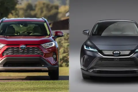Dwa modele Toyoty: czerwony SUV na tle natury i ciemnoszary, elegancki Toyota Venza z przodu.