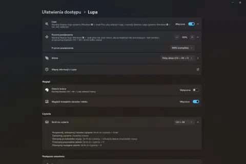 Ustawienia Lupy w systemie Windows: włączanie, powiększanie, widok, odwracanie kolorów i skróty do czytania.