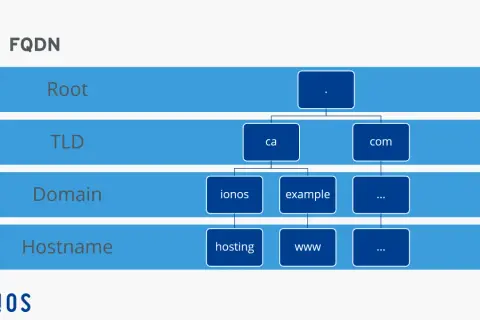 Schéma FQDN : Root, TLD (ca, com), Domain (ionos, example), Hostname (hosting, www).