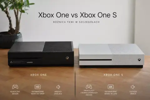 Czarny Xbox One obok białego Xbox One S, porównanie konsol.