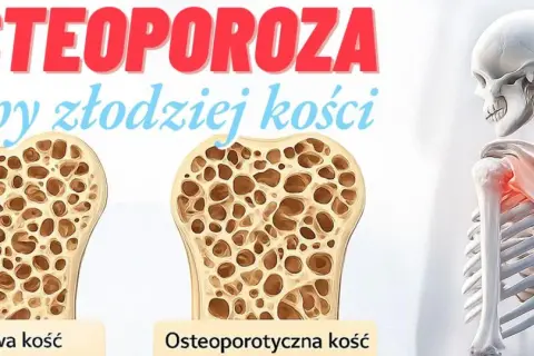 Osteoporoza: porównanie zdrowej i osteoporotycznej kości. Szkielet z zaznaczonym bólem w obrębie barku.