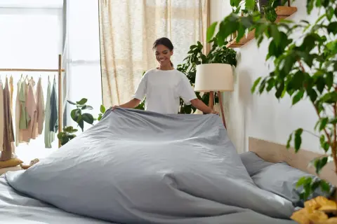 Frau richtet Bettwäsche, die nicht einlaufen kann, da sie aus Polyester ist.