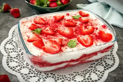 Erdbeer-Tiramisu ohne Ei, dekoriert mit frischen Erdbeerscheiben und Minze. Ein leichter Genuss für warme Tage.