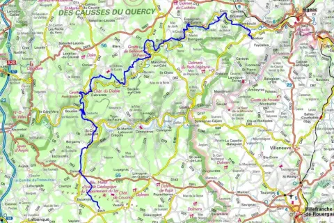 Carte de la vallée du Célé, montrant les routes, villages et sites touristiques comme le Gouffre de Padirac.