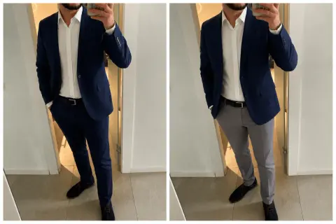Mann im dunkelblauen Sakko mit weißem Hemd und dunkler Hose links, rechts mit grauer Hose.