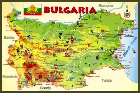 Mapa Bułgarii z zaznaczonym położeniem miast, zabytków i regionów. Widoczne są sąsiednie kraje: Rumunia, Serbia, Macedonia, Grecja i Turcja.