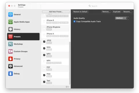 Macintosh settings showing presets, with MP3 audio selected and audio quality set to medium.