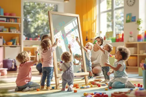 Dzieci malują na tablicy, a jedno niemowlę z zaciekawieniem patrzy w lustro, odkrywając siebie.