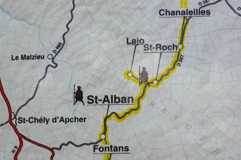 Carte du chemin de saint-jacques de compostelle 5 jours, montrant Le Malzieu, St-Alban, Fontans et Chanaleilles.