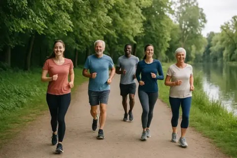 Grupa ludzi w różnym wieku cieszy się wspólnym joggingiem w parku. To świetny sposób na aktywność fizyczną i dbanie o zdrowie.