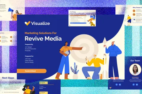 Proposal design ideas for Revive Media, showcasing marketing solutions, pricing, team expertise, and next steps.