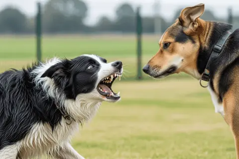 ¡Mi perro me gruñe y enseña los dientes! Un border collie negro y blanco se enfrenta a otro perro, mostrando sus colmillos en un momento tenso.