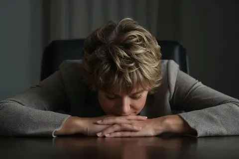 Kobieta z opuszczoną głową na dłoniach, wyrażająca **niechęć do działania**.