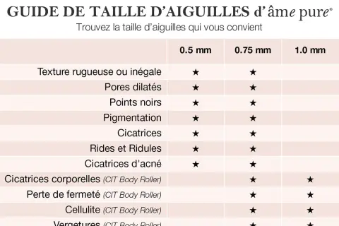 Guide des tailles d'aiguilles pour dermaroller : 0.5mm, 0.75mm, 1.0mm pour divers problèmes cutanés.