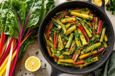 Poêlée colorée de blettes, une recette simple et savoureuse. Les côtes multicolores sont coupées et cuites avec des herbes et du citron.