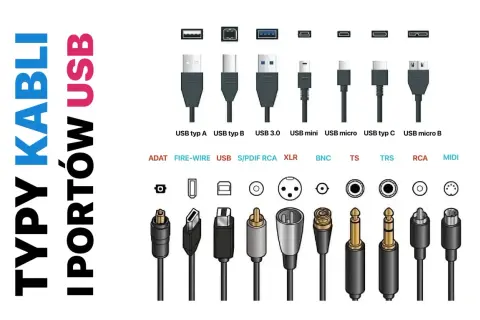 Różne rodzaje USB: typ A, B, 3.0, mini, micro, typ C, micro B. Obok inne złącza: ADAT, Fire-Wire, S/PDIF, RCA, XLR, BNC, TS, TRS, MIDI.