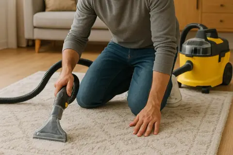 Mann kniet auf hellem Teppich und reinigt ihn mit einem Nass-/Trockensauger. Die Methode teppich trocken reinigen wird angewendet.