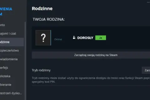 Ekran ustawień Steam z sekcją "Rodzinne", ikoną pytajnika i opcją "Dorosły: Ja".