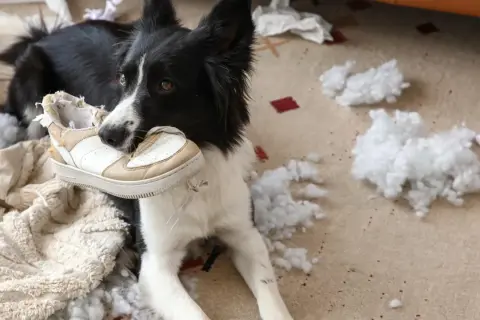 Pies rasy border collie z butem w pysku, otoczony kłębkami wypełnienia. Wygląda na to, że to objawy lęku separacyjnego u psa.