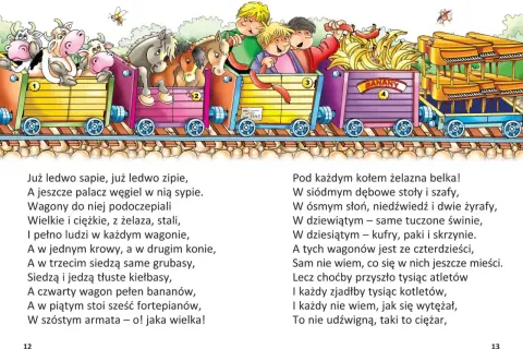 Pociąg z wierszy Juliana Tuwima: krowy, konie, banany, fortepiany i słonie w wagonach.
