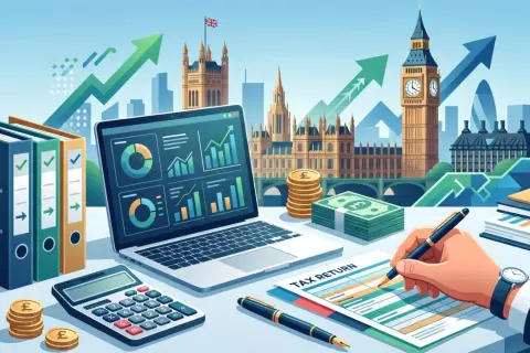 Londynskie budynki, laptop z wykresami, pieniądze i formularz "Tax Return" symbolizują rozliczenie podatku w Anglii.