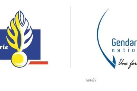 Le logo gendarmerie avant et après. L'ancien logo est plus traditionnel, le nouveau est plus moderne et épuré.