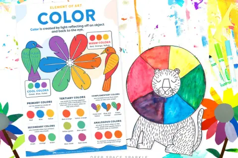 A colorful chart for learning colors for babies, featuring a flower petal color wheel, birds, and a lion with a rainbow mane.