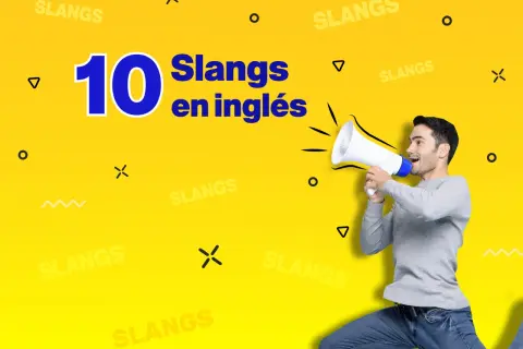 Hombre anunciando "10 Slangs en inglés" con megáfono. ¡Aprende el inglés más cool!