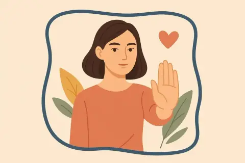 Dziewczyna z dłonią uniesioną w geście "stop" i sercem nad głową. To symbol tego, czym jest empatia: zrozumienie i szacunek dla innych.