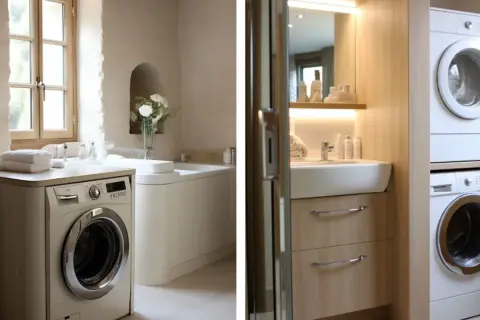 Une machine à laver dans une salle de bain moderne, à côté d'un lavabo et d'une baignoire. Une autre machine à laver est empilée sur une sécheuse.