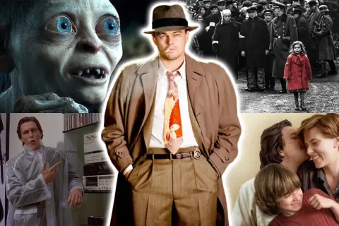 Collage av filmscener: Gollum, Leonardo DiCaprio som detektiv, en flicka i röd kappa under andra världskriget, och en familj. Dessa är exempel på verklighetsbaserade filmer.