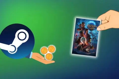 Dłoń trzyma okładkę gry "Baldur's Gate", obok logo Steam i monet.