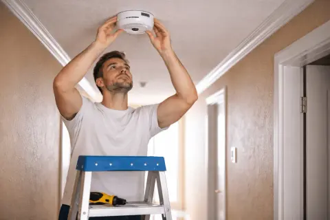Un homme installe un détecteur de fumée au plafond, pensant à la durée de vie du détecteur de fumée pour sa sécurité.
