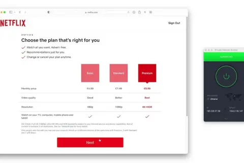 Wybór planu Netflix: Basic, Standard, Premium. Obok okno VPN z połączeniem do Ukrainy.