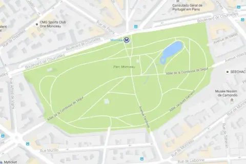 Plan du Parc Monceau à Paris, avec ses allées, son étang et la station de métro Monceau.