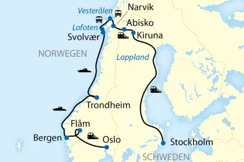 Mapa Norwegii i Szwecji z zaznaczoną trasą podróży przez Laponie, z symbolami pociągów, autobusów i statków.