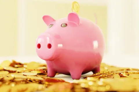 Un cochon rose, entouré de pièces d'or, symbolise l'épargne et le potentiel de remboursement de myheritage.
