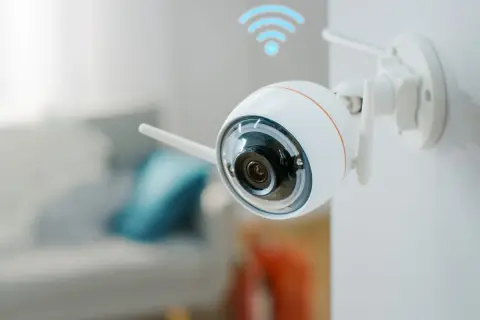 Caméra de surveillance Wi-Fi blanche fixée au mur, avec un symbole Wi-Fi bleu au-dessus. Vous vous demandez pourquoi ma caméra ne se connecte pas en wifi ?