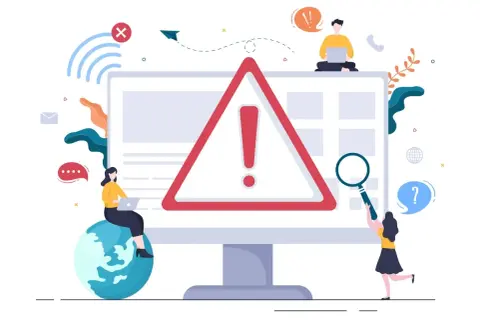 Un grand panneau d'avertissement avec un point d'exclamation rouge domine l'écran d'un ordinateur. Des personnes travaillent sur des ordinateurs, entourées d'icônes de communication et de symboles, suggérant des problèmes techniques ou des caractères s...